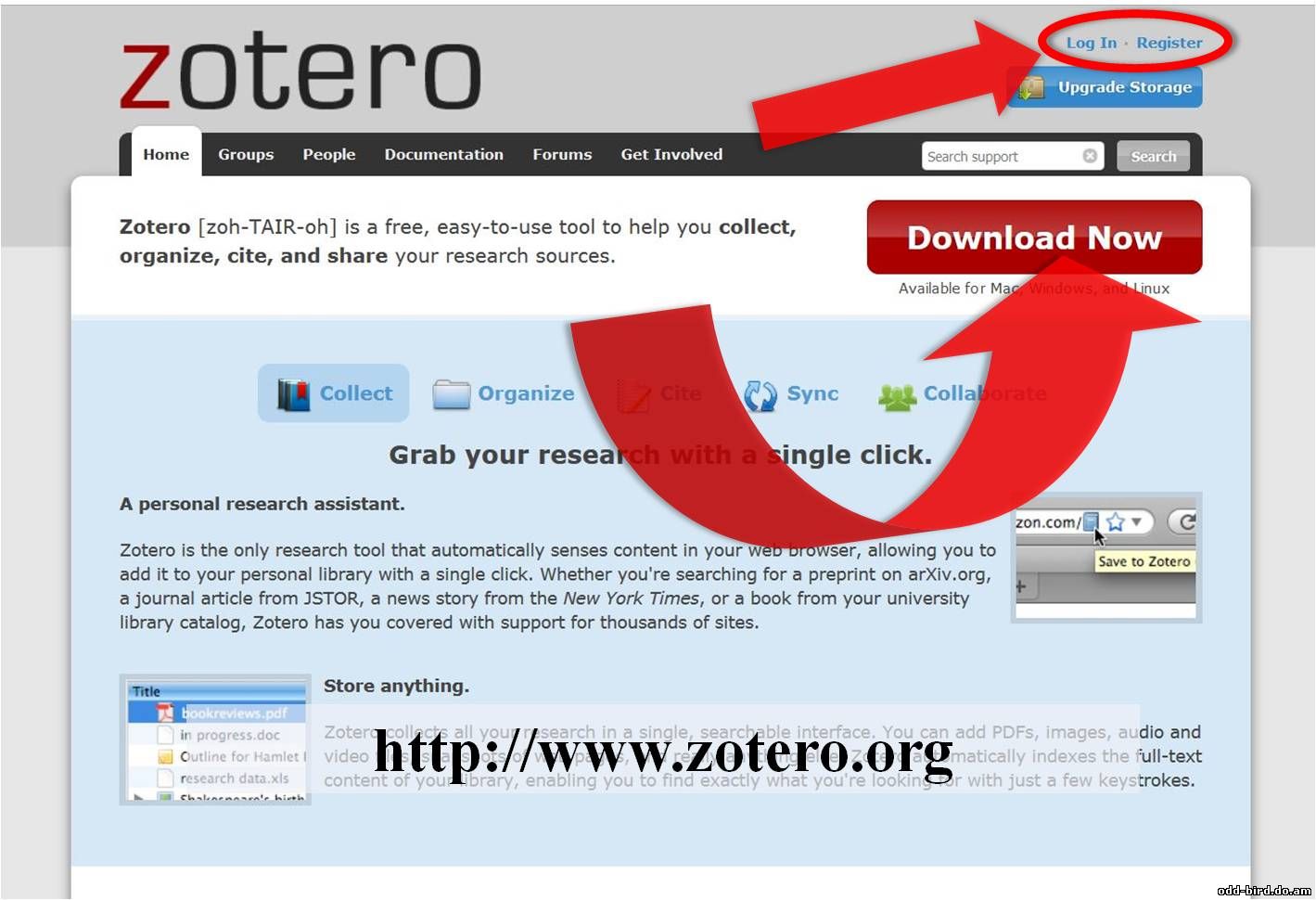 Главная страница сайта Zotero